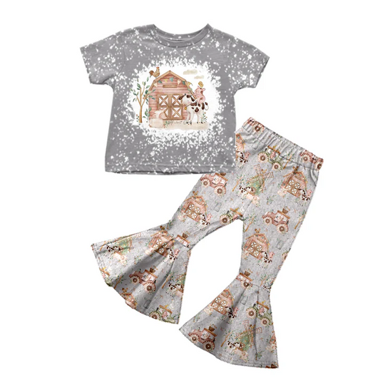 Custom Baby Girls Grey Shirt Farm Bell Pants Clothes Sets D 5.7
