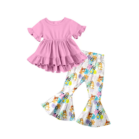 Custom Baby Girls Pink Tunic Top Bell Dogs Pants Clothes Sets D 5.7