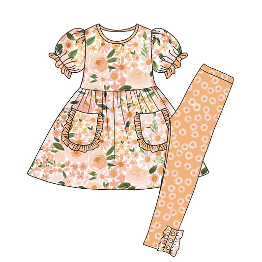 Custom Baby Girls Orange Floral Pocket Tunic Legging Clothes SetsD 5.7