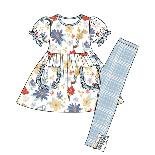 Custom Baby Girls Blue Flowers Floral Pocket Tunic Legging Clothes Sets D 5.7