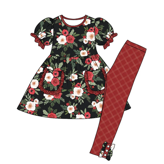 Custom Baby Girls Black Red Floral Pocket Tunic Legging Clothes Sets D 5.7