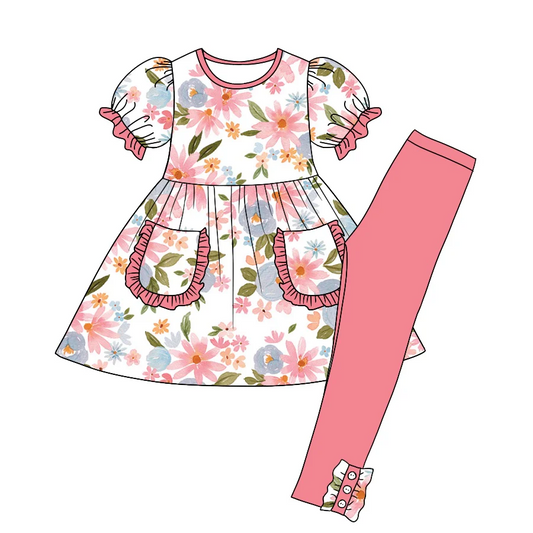 Custom Baby Girls Pink Floral Pocket Tunic Legging Clothes Sets D 5.7
