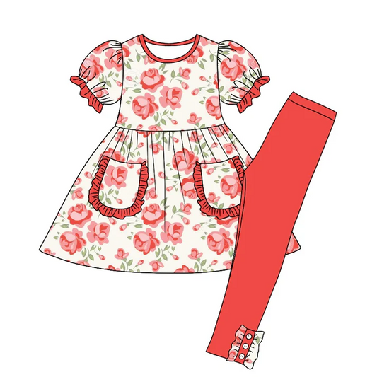 Custom Baby Girls Red Floral Pocket Tunic Legging Clothes Sets D 5.7