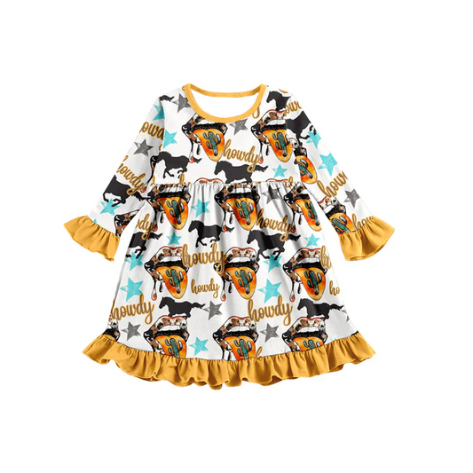 Custom Baby Girls Western Howdy Cactus long sleeve Knee Length Dresses  D 5.7