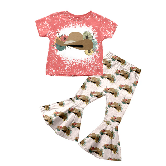 Custom Baby Girls Western Hats Tee Shirt Bell Clothes Sets D 5.7