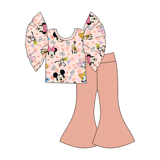 Custom Baby Girls Cartoon Flutter Sleeve Tee Shirt Bell Clothes Sets D 5.7