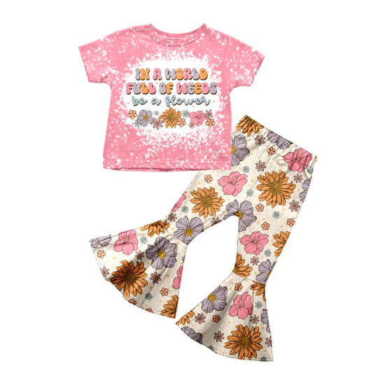 Custom Baby Girls Short Sleeve Flowers Shirt Bell Pants Clothes Sets D 5.9