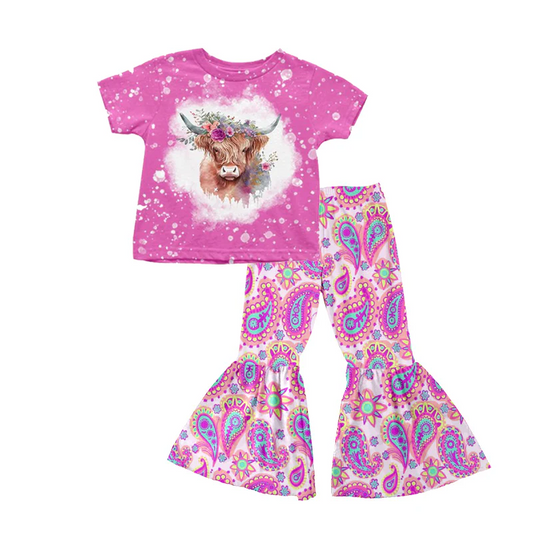 Custom Baby Girls Highland Cow Tee Paisley Bell Pants Clothes Sets D 5.9