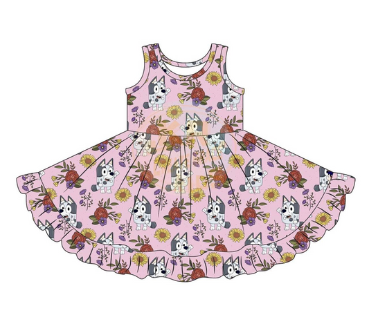 Custom Baby Girls Cartoon Dogs Flowers Knee Length Dresses D 5.9