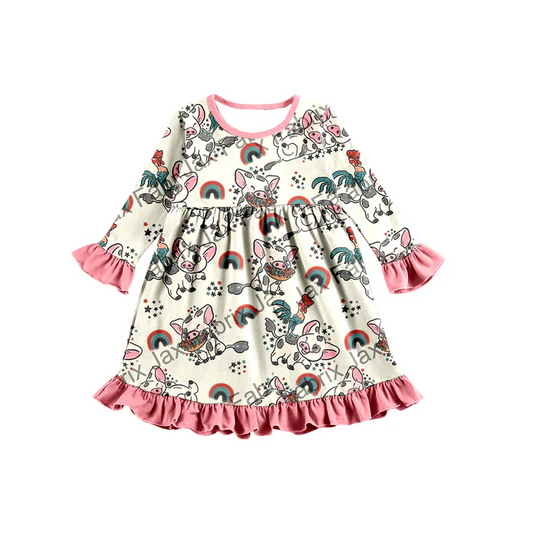 Custom Baby Girls Cartoon Pig Long Sleeve Dresses D 5.10