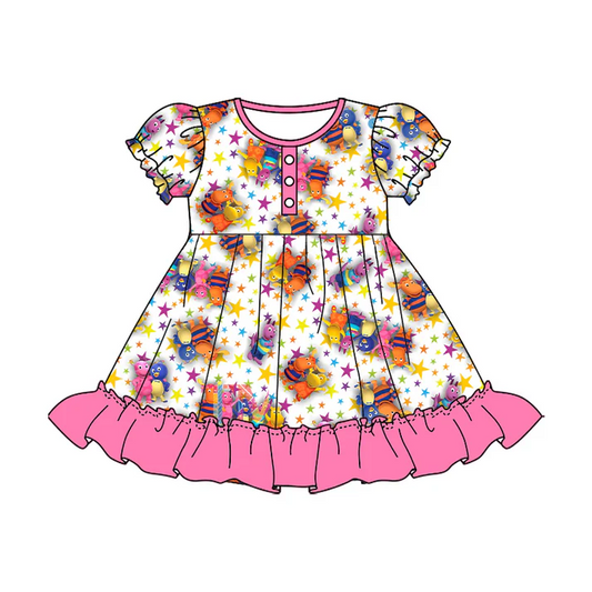 Custom Baby Girls Cartoon Ruffle Short Sleeve Dresses D 5.10