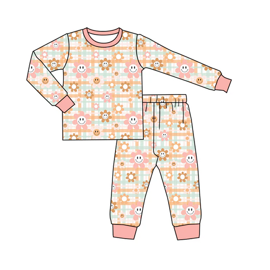 Custom Baby Girls Pink Flowers Smile Pajamas Clothing Sets D 5.10