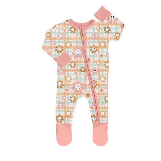 Custom Baby Girls Long Sleeve Pink Flowers Footie Rompers D 5.10