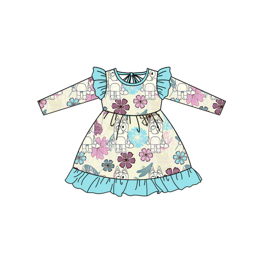 Custom Baby Girls Flowers Dogs Blue Ruffle Dresses D 5.10