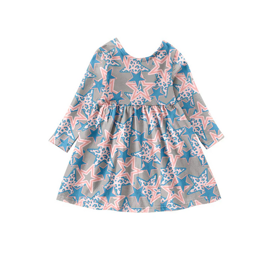 Custom Baby Girls Pink Stars long sleeve Knee Length Dresses D 5.10