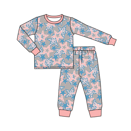 Custom Baby Girls Western Pink Stars Pajamas Clothing Sets D 5.10