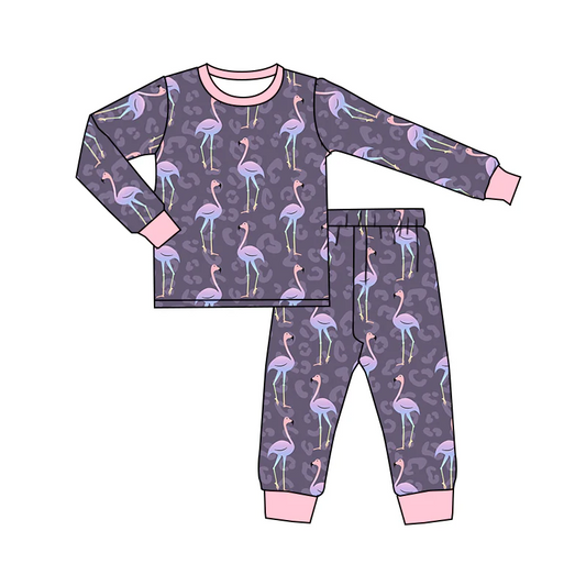 Custom Baby Girls Fall Flamingo Leopard Pajamas Clothing Sets D 5.10