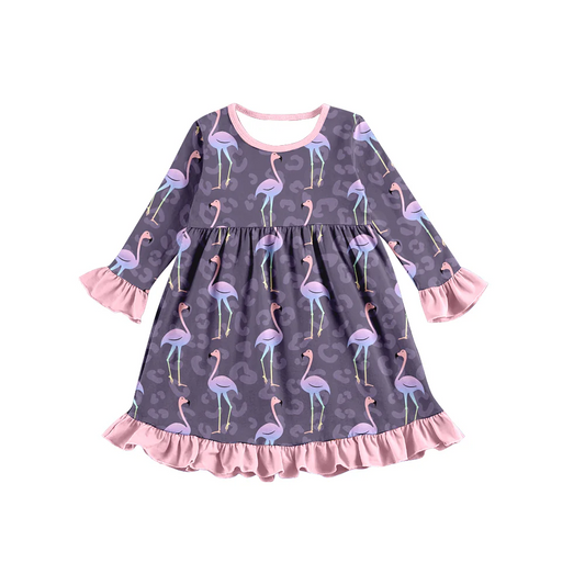 Custom Baby Girls Fall Flamingo Leopard long sleeve Knee Length Dresses D 5.10