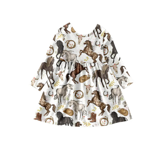 Custom Baby Girls Western Horse long sleeve Knee Length Dresses D 5.10