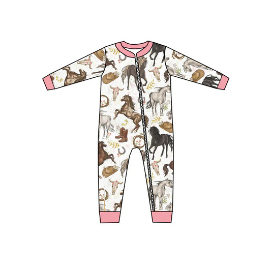Custom Baby Girls Pink Horse Boots Zip Rompers D 5.10
