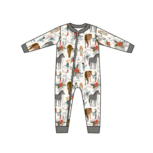 Custom Baby Kids Infant Horse Flowers Zip Rompers D 5.10