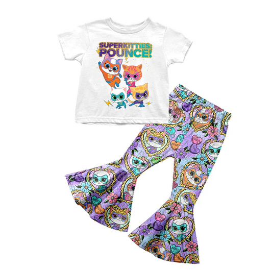 Custom Baby Girls Cartoon Cats Bell Pants Clothing Sets D 5.10