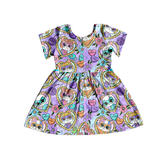 Custom Baby Girls Short Sleeve Cats Purple A-Line Dresses D 5.10