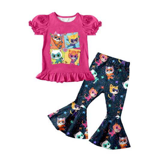 Custom Baby Girls Cartoon Pink Cats Bell Pants Clothing Sets D 5.12