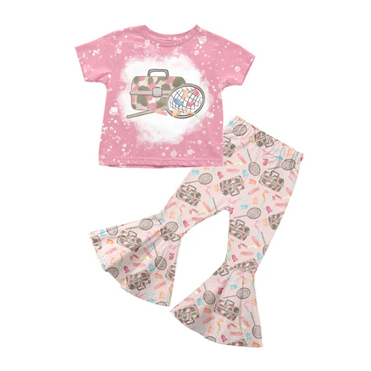 Custom Baby Girls Pink Fishing Bell Bottom Pants Clothing Sets D 5.12