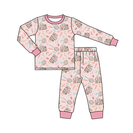 Custom Baby Girls Pink Fishing Ruffle Pajamas Clothing Sets D 5.12