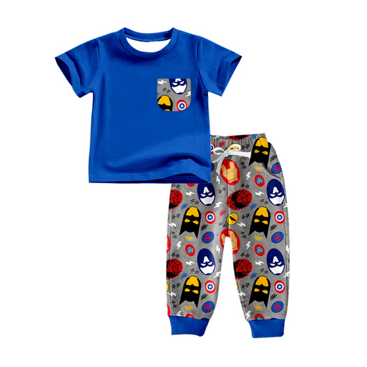 Custom Baby Boys Cartoon Hero Pocket Tee Top Pants Clothing Sets D 5.12