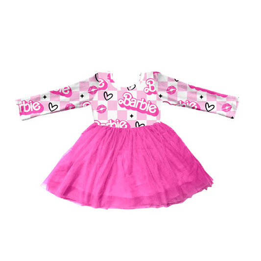 Custom Baby Girls Long Sleeve Pink Checkered Doll Tutu Dresses D 5.12