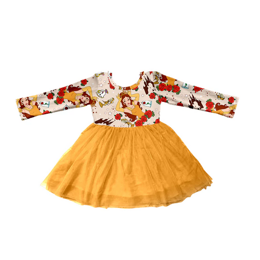Custom Baby Girls Long Sleeve Princess Yellow Tutu Dresses D 5.12
