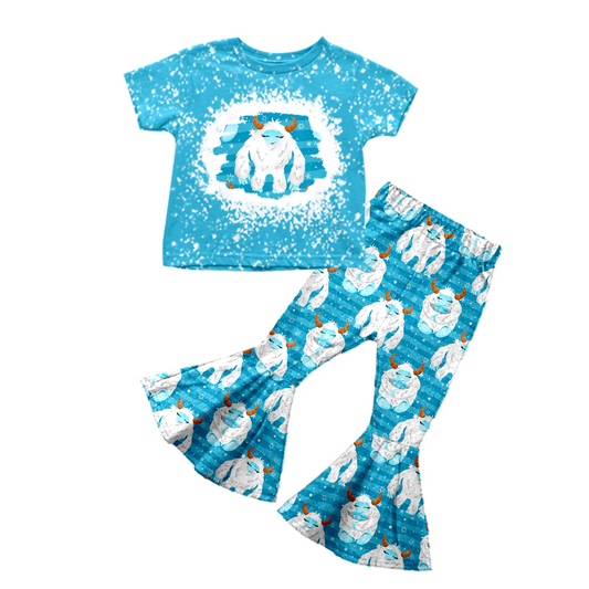Custom Baby Girls Blue Cartoon Cow Tee Shirt Bell Pants Clothing Sets D 5.12
