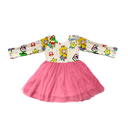 Custom Baby Girls Long Sleeve Game Yellow Tutu Dresses D 5.12