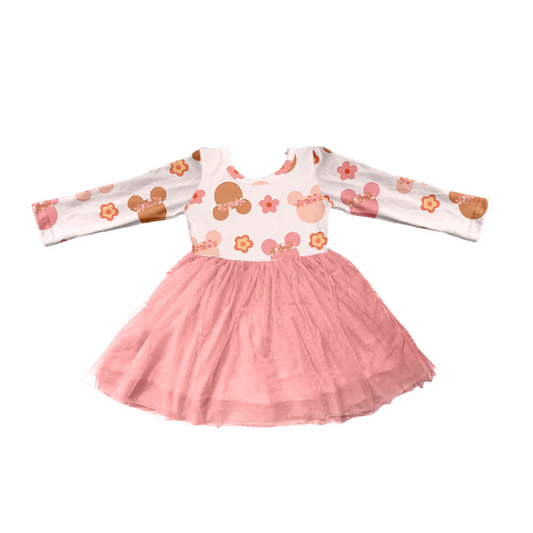 Custom Baby Girls Long Sleeve Pink Cartoon Tutu Dresses D 5.13