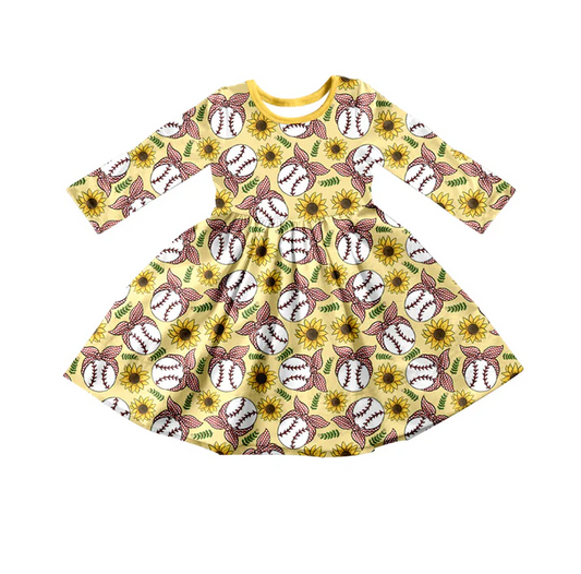 Custom Baby Girls Baseball Bow Sunflowers Twirl Dresses D 5.13