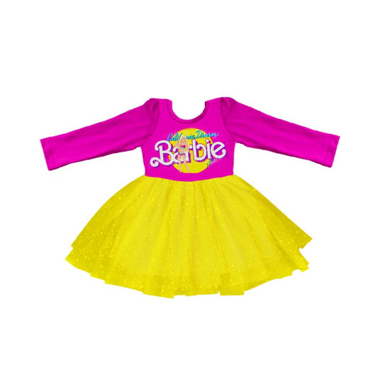 Custom Baby Girls Pink Long Sleeve Yellow Sparkle Tutu Dresses D 5.13