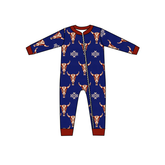 Custom Baby Kids Navy Cow Western Zip Rompers D 5.13