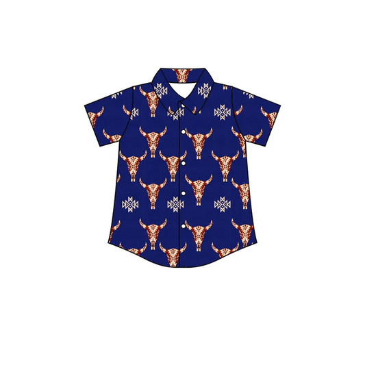 Custom Baby Boys Navy Cows Western Buttons Shirt Tops D 5.13