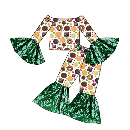 Custom Baby Girls Green Donuts Sequin Bell Pants Clothing Sets D 5.13