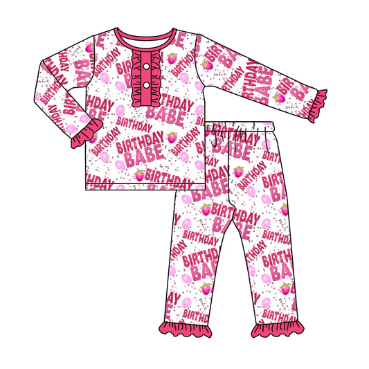 Custom Birthday Babe Baby Girls Pink Ruffle Pajamas Clothing Sets D 5.13