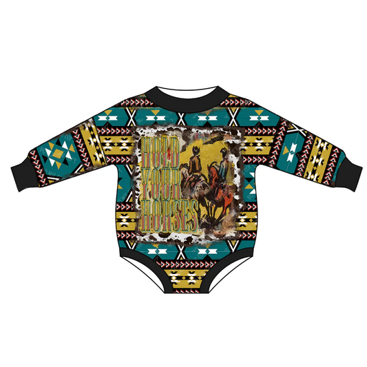 Custom Western Aztec Baby Girls Green Horse Rompers D 5.13