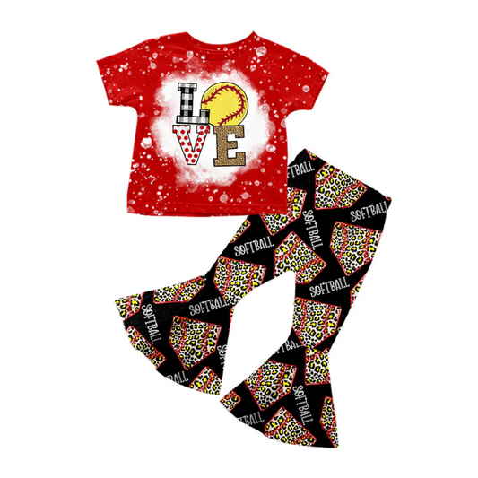 Custom Love Softball Baby Girls Leopard Shirt Pants Clothing Sets  D 5.13