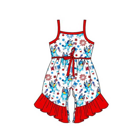 Custom Kids Girls July 4th Cartoon Blue Dog Jumpsuit D 5.17