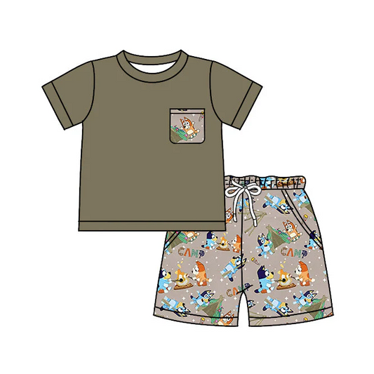 Custom Kids Boys Cartoon Blue Dog Camp Shorts Set  D 5.17