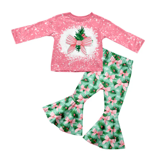 Custom Baby Girls Christmas Tree Bow Bell Bottom Pants Outfit D 5.19