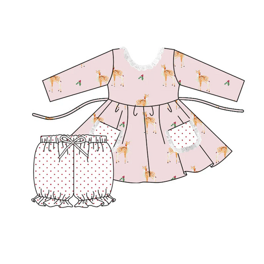 Custom Kids Girls Christmas Reindeer Outfit With Pocket D 5.19