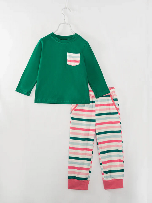 Custom Christmas Boys Green Top Striped Pants Set D 5.1