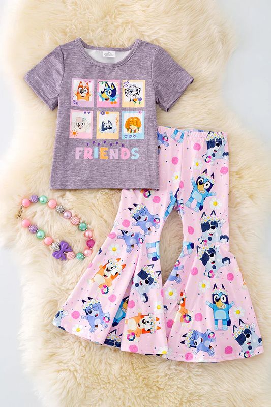 Custom Baby Girls Cartoon Dog Friends Bell Bottom Set  D 5.1